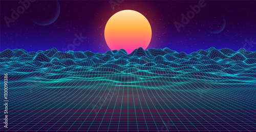 Synthwave futuristic landscape. 80s retro neon concept. Vector illustration.