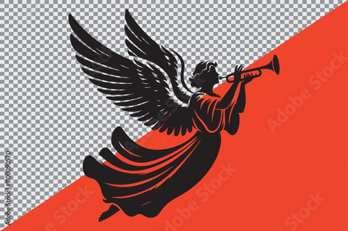 A black silhouette of an angel playing a trumpet.