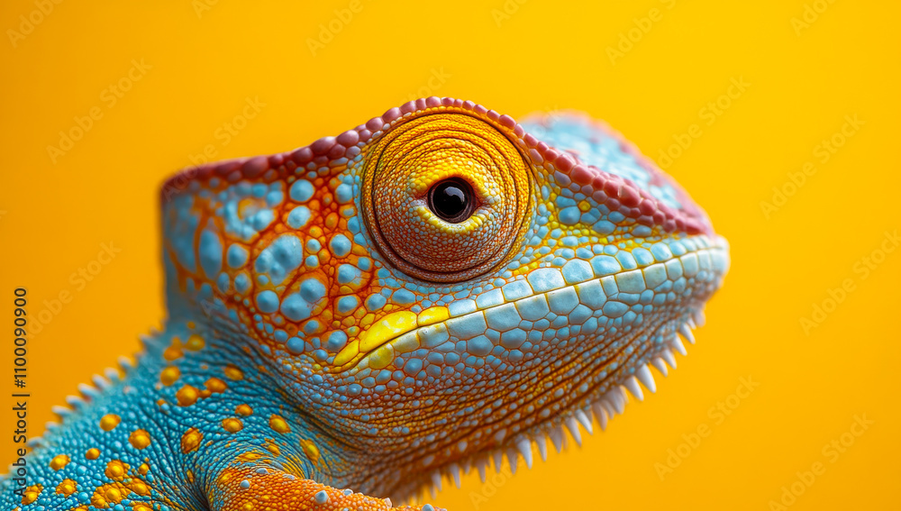 Fototapeta premium A colorful lizard with a blue and orange face is staring at the camera. The bright colors of the lizard and the yellow background create a lively and energetic mood