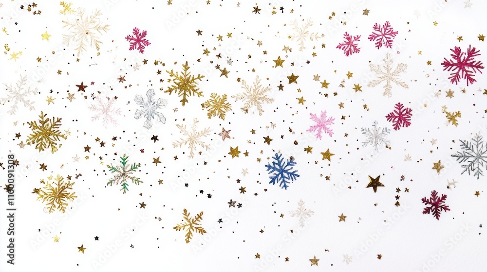 Fototapeta premium Colorful snowflakes and stars scattered on a white background.