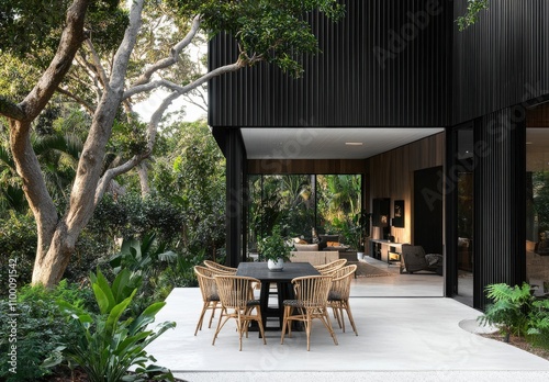 Modern Outdoor Dining Area Surrounded by Lush Greenery in Contemporary Home Design Featuring Elegant Table and Stylish Chairs Under Sunlight