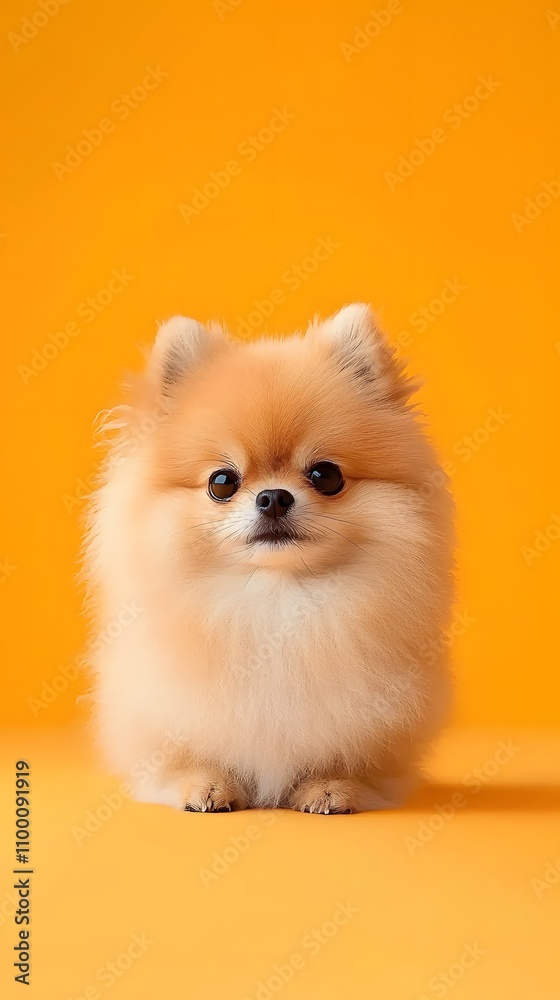 Obraz premium Playful pomeranian dog portrait bright orange background