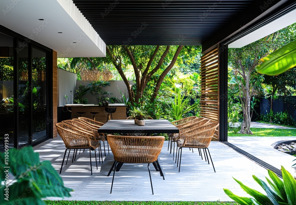 Obraz premium Modern Outdoor Dining Area with Stylish Furniture Surrounded by Lush Greenery and Tropical Plants in a Contemporary Architecture Setting
