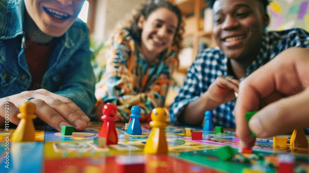 Fototapeta premium Friends enjoying a fun board game night with colorful game pieces and laughter, creating joyful memories together.