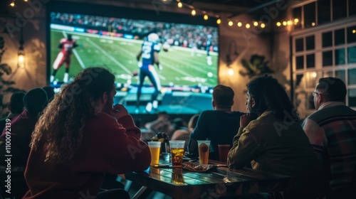 Friends enjoying a sports game on a big screen in a lively bar atmosphere with drinks and snacks.