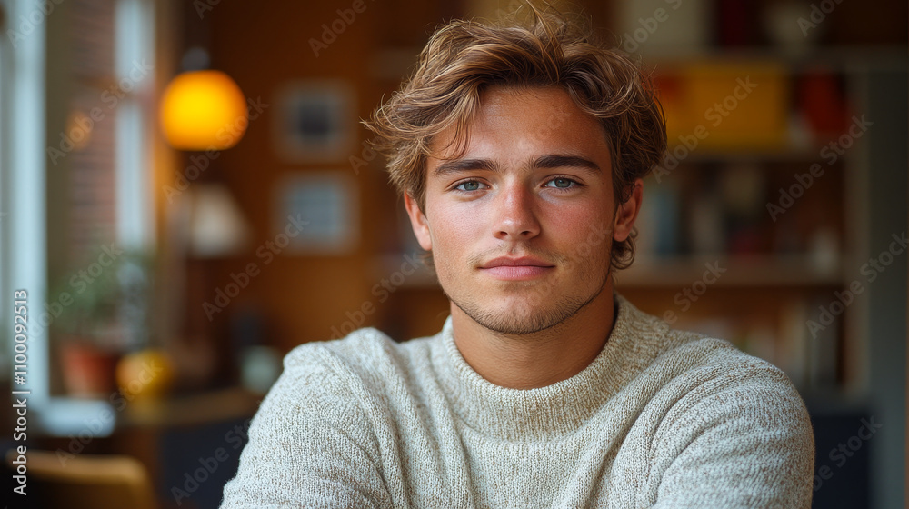 Obraz premium A young man with a beard and blue eyes is sitting at a table with a white sweater on