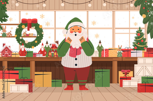 Santa Claus in festive workshop surrounded by gifts Christmas decorations and toys in cozy holiday setting with snowflakes and wreaths indoor scene