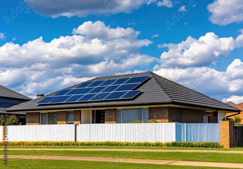 Wallpaper Mural Modern Residential Home with Solar Panels on Roof, Surrounded by Grass and Blue Sky, Showcasing Sustainable Energy Solutions and Eco-Friendly Living Torontodigital.ca
