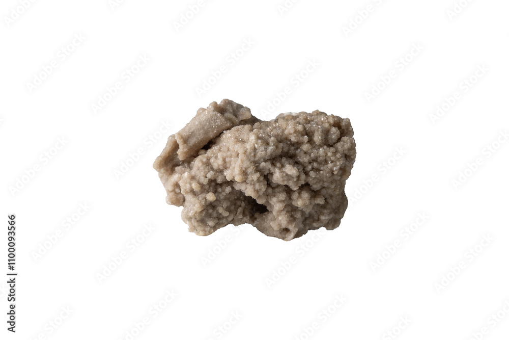 vista macro di un agglomerato di un minerale grezzo di calcite, con microscopici cristalli, scontornato su sfondo trasparente