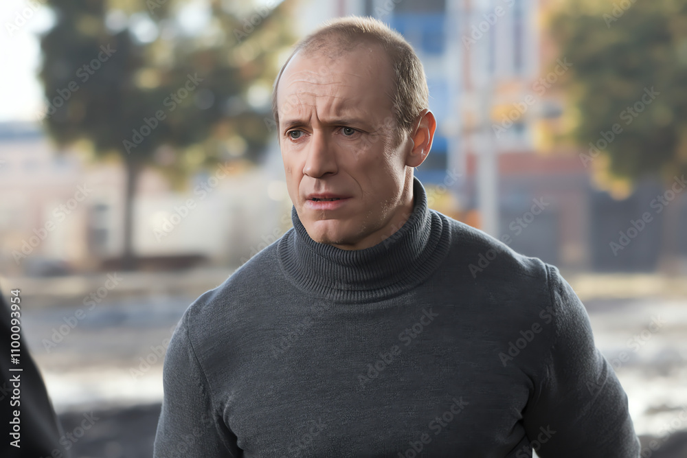 Fototapeta premium Serious man in gray turtleneck engages in conversation outdoors