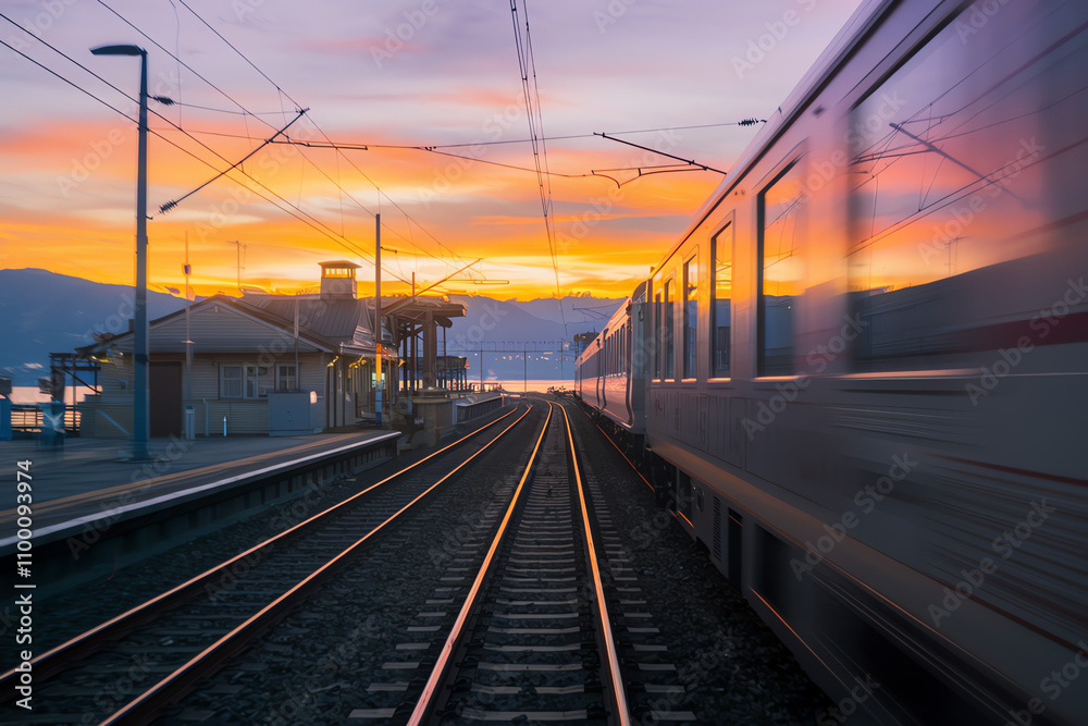 Obraz premium Train speeds past a scenic station at sunset, highlighting the beauty of the landscape and railways