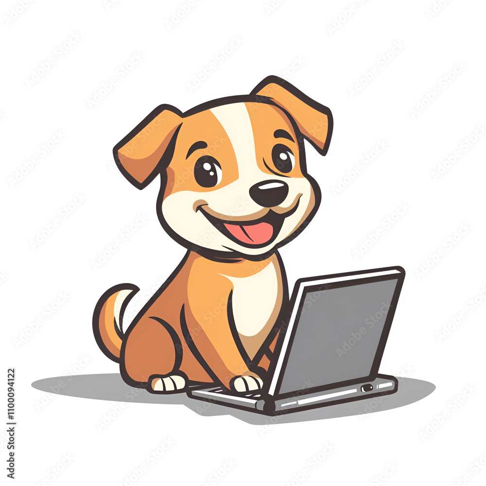 Fototapeta premium Dog with laptop. Cute funny puppy surf in internet. Happy doggy online at notebook computer. PC user. Canine animal, pup shopping. Flat illustration. Technology.