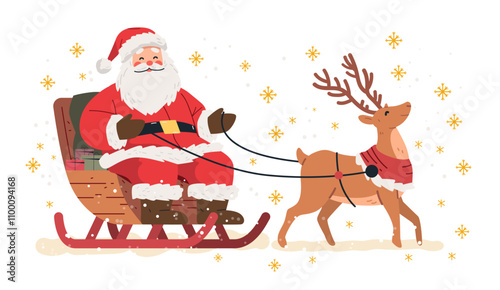 Santa sleigh reindeer festive winter scene cheerful holiday snowflakes gifts red suit Christmas design