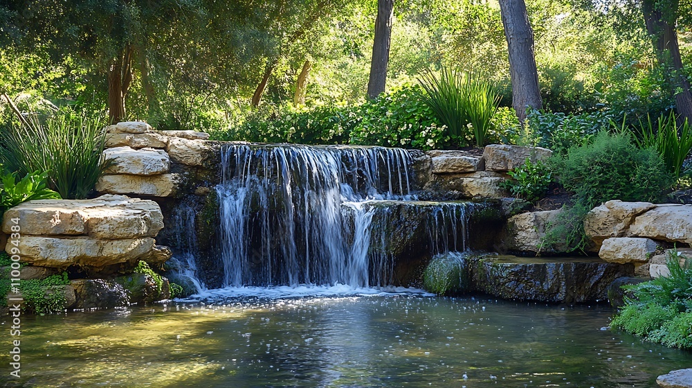 Naklejka premium Serene waterfall cascading into a pool surrounded by greenery