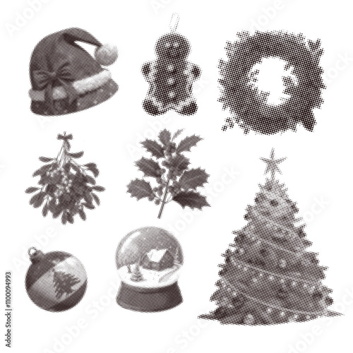 Retro halftone silhouettes of Christmas holiday elements in monochrome dotted or stippling style. Set retro graphic toys and florals with photocopy grunge effects. Vector illustration.