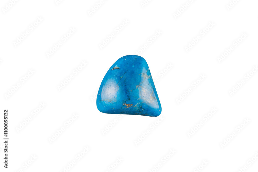 vista macro di un piccolo esemplare lavorato e lucidato di minerale di colore azzurro brillante, scontornato su sfondo trasparente