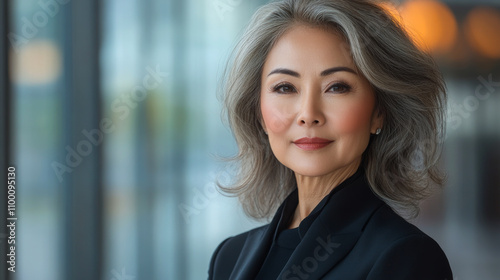 Free Download A woman with gray hair is wearing a black suit and standing in front of a window. She has a serious expression on her face - GFXLoad