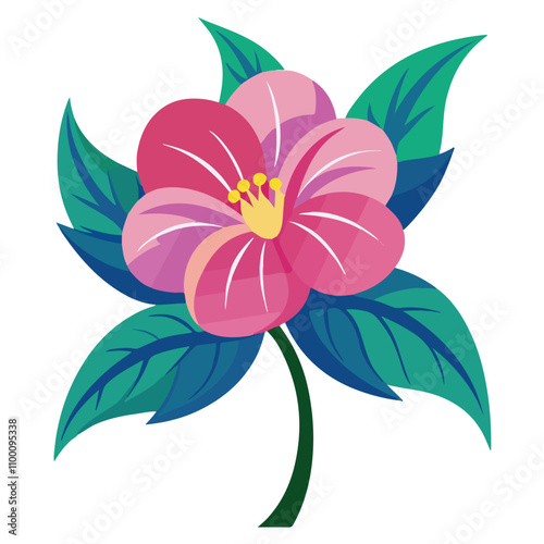 Tropical flower illustration, vibrant pink petals, yellow stamen, green and blue leaves, flat design, stylized botanical art, pastel background, vector graphics, minimalist floral composition, bold co