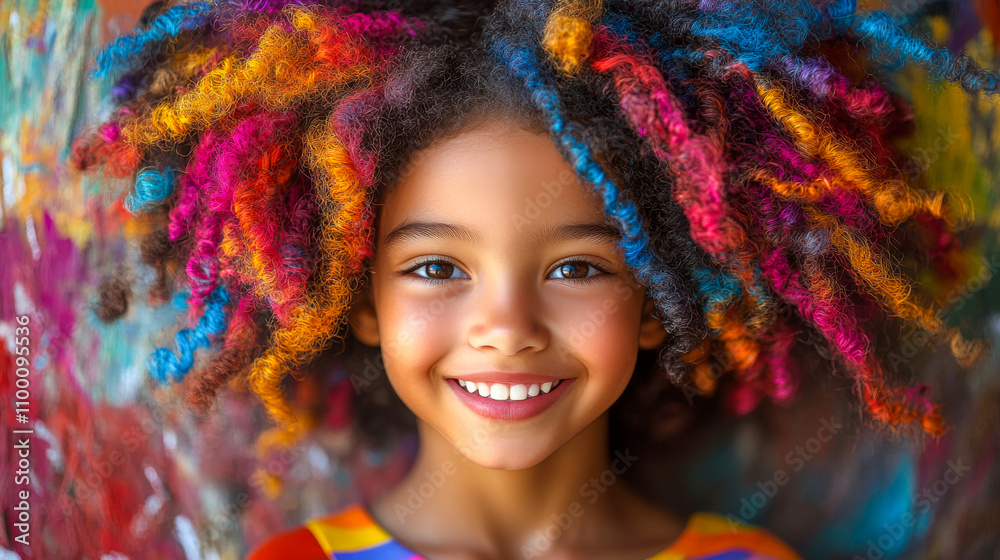 Fototapeta premium A young girl with colorful hair is smiling and looking at the camera. The image has a bright and cheerful mood, with the girl's colorful hair and her smile conveying a sense of happiness