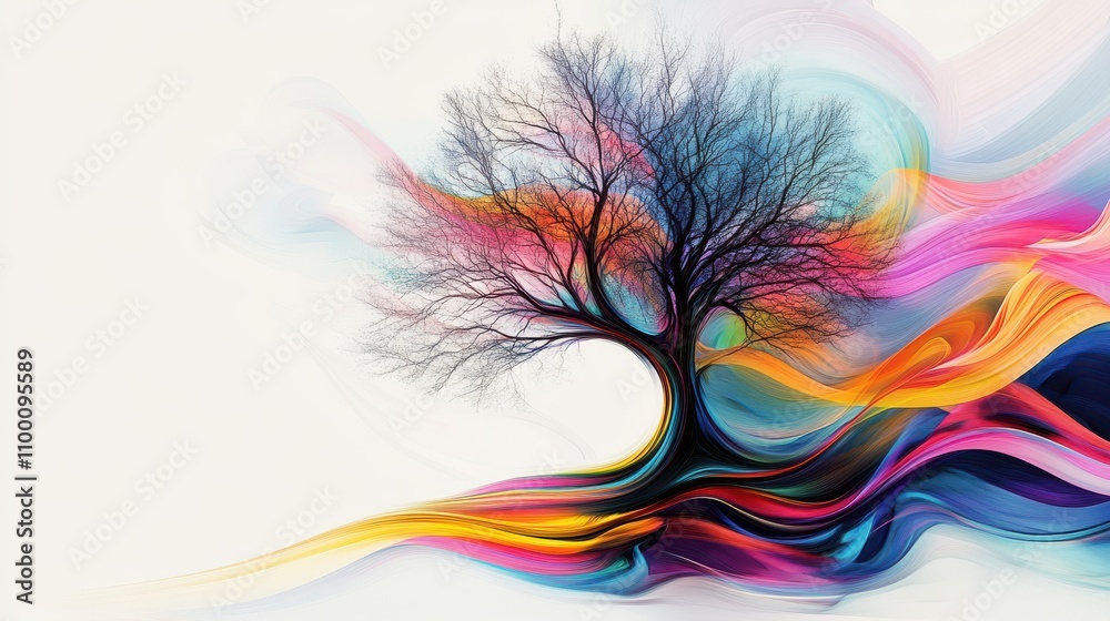 Obraz premium Colorful artistic tree with flowing waves in vibrant hues, white isolated background.