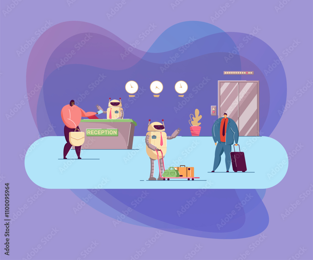 Fototapeta premium Robots working as hotel attendants. Flat vector illustration. Robotic receptionist and porter helping guests with checking in and out of hotel. Technologies, artificial intelligence, service concept