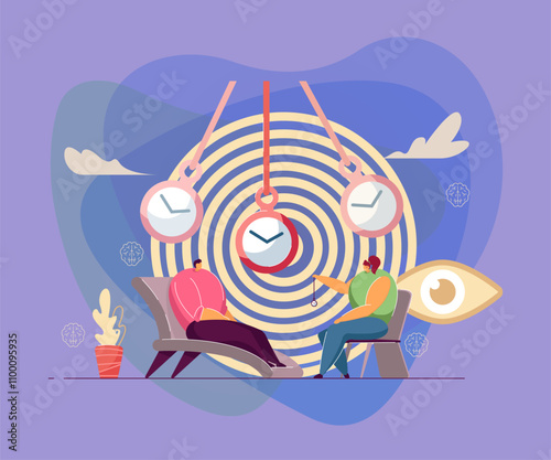 Patient at hypnosis session. Cartoon psychotherapist with pocket watch making client go into trance flat vector illustration. Therapy, hypnosis concept for banner, website design or landing web page