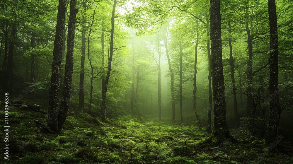 Obraz premium Enchanting Forest Mist: A Serene Green Landscape Wrapped in Fog