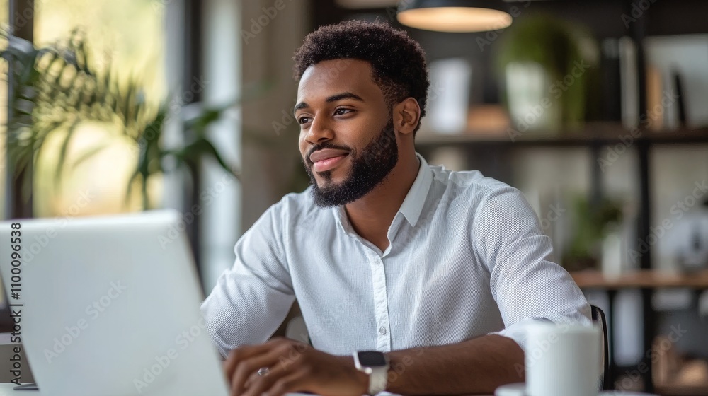 Naklejka premium Man Works on Laptop in Modern Office Setting