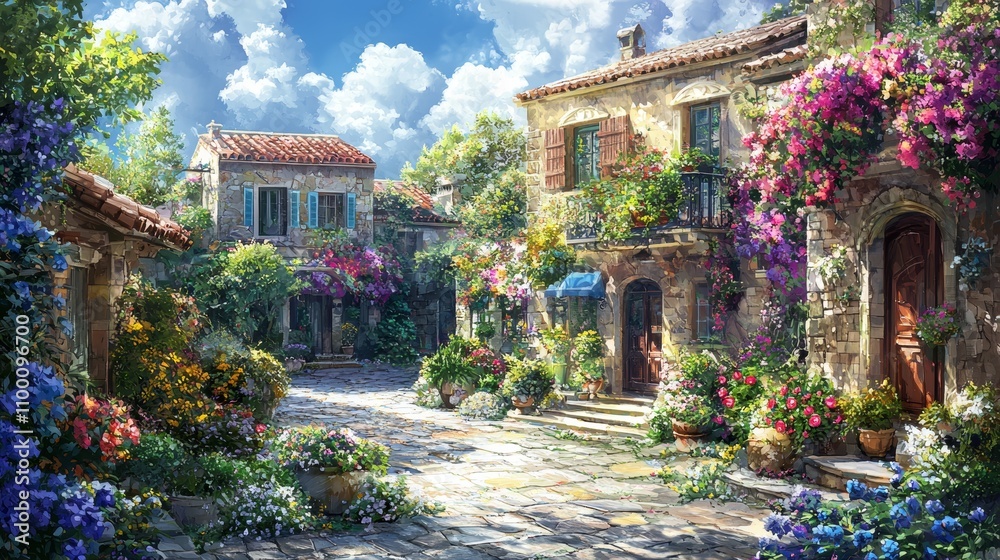 Obraz premium Charming Residential Street with Lush Houses and Flowers