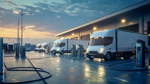 Electric trucks charging at a modern facility during sunset.