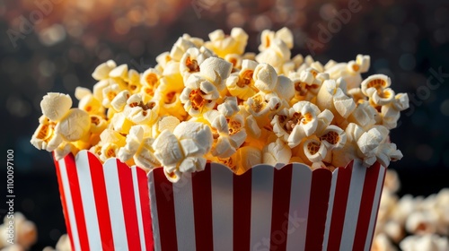 Delicious fluffy popcorn in a red and white striped container, perfect for movie nights and snacking.
