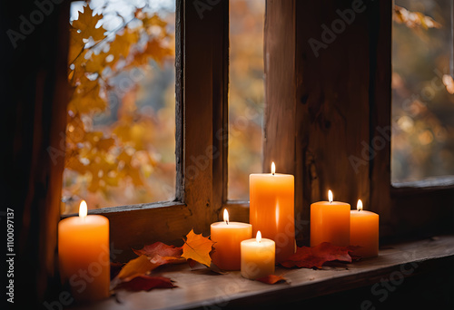 warm autumn view with candles and scenic foliage photo