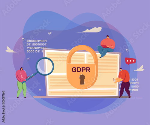 Tiny people examining laptop. General data protection regulation flat vector illustration. GDPR, privacy, protection of personal information concept for banner, website design or landing web page