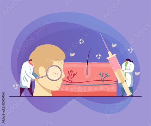 Tiny dermatologists examining facial skin. Doctors treating inflammation, huge face flat vector illustration. Dermatology, cosmetology concept for banner, website design or landing web page
