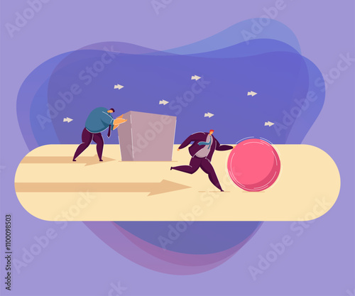 Two businessmen pushing abstract figures towards goal. Flat vector illustration. Men competing, trying to find efficient, smart solution. Business, success, goal, race, efficiency concept for banner d