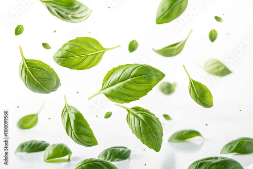 flying fresh basil leaves on white