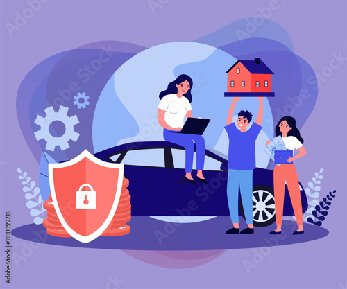 Woman reading insurance policy on laptop vector illustration. People buying or renting house and car, shield protecting finances of customers. Risk management, home and car insurance concept