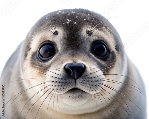 A harbor seal with smooth gray fur, large black eyes, and distinctive long whiskers. Light snowflakes on its face. photo