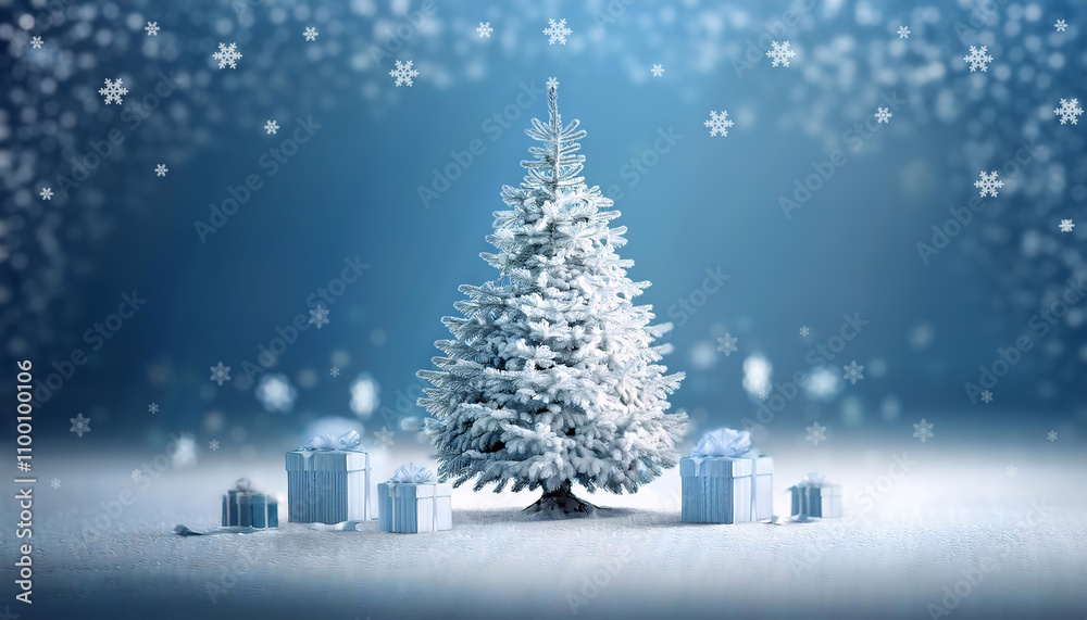 Obraz premium Niebieska kartka świąteczna z miejscem na tekst i życzenia, biała choinka, papier dekoracyjny, Merry Christmas, Boże Narodzenie, prezenty, białe święta, gwiazdka 