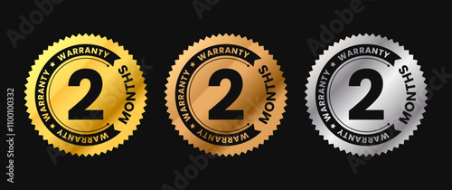 2 months warranty icon in gold circle with circular text. Two months warranty label in gold, bronze, silver colors. Vector illustration