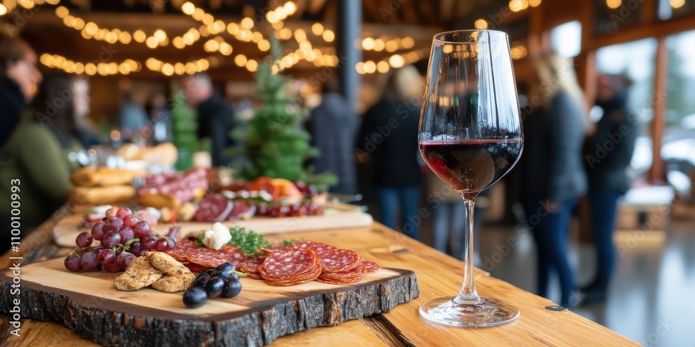 Fototapeta premium Wine tasting event cozy bar glass of red wine rustic table warm atmosphere culinary experience