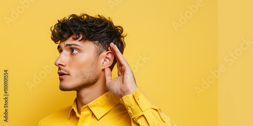 A young man wearing a yellow shirt, cupping his hand around his ear, listening attentively, symbolizing curiosity and focus on a bright yellow backdrop photo