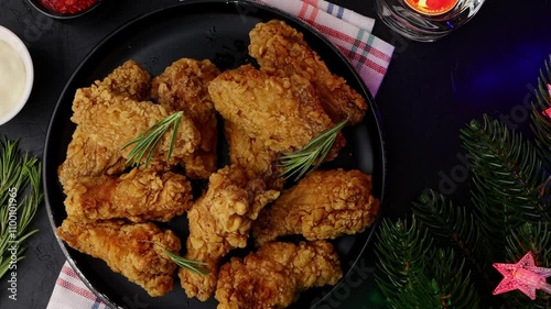 Crispy fried chicken wings served on a black plate with herbs during a festive gathering
