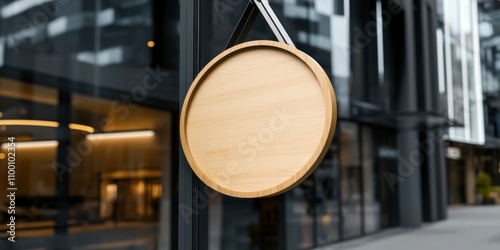 Modern outdoor branding circular wooden signboard in urban business district photo