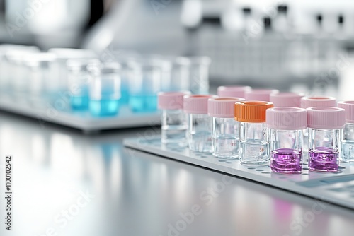 A laboratory setting with glass vials containing various colored liquids, showcasing a clean and organized workspace for scientific experiments. photo