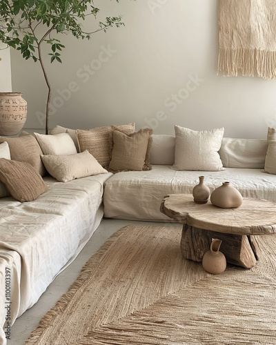 Minimalist interior design of modern living room, beige and white tones