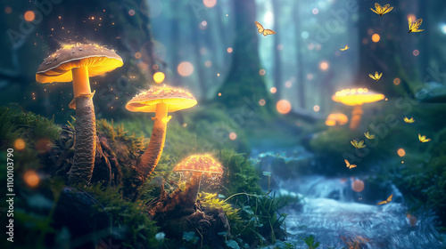 Magical Fantasy Forest with Glowing Mushrooms & Butterflies in 4K, mystical, ethereal light. book covers, poster, vibrant colors