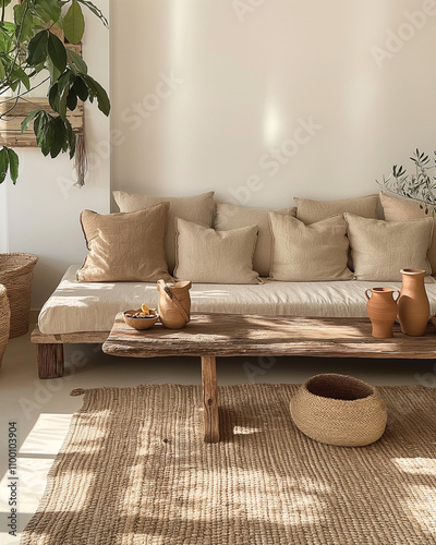 Minimalist interior design of modern living room, beige and white tones