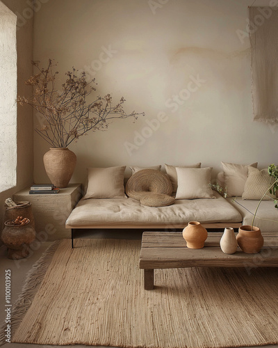 Minimalist interior design of modern living room, beige and white tones