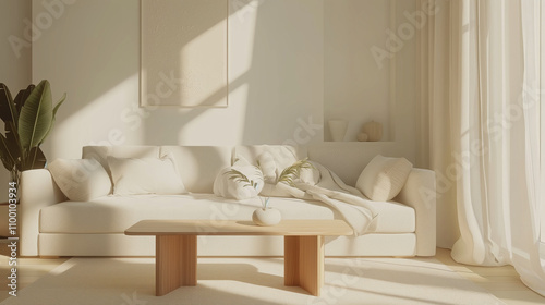 Minimalist interior design of modern living room, beige and white tones